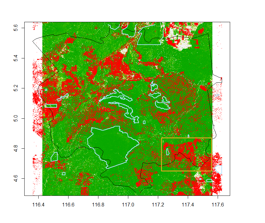 Protected areas (blue) have little or no deforestation (red). The Area of Interest (AOI) for the rest of the analysis is highlighted in yellow